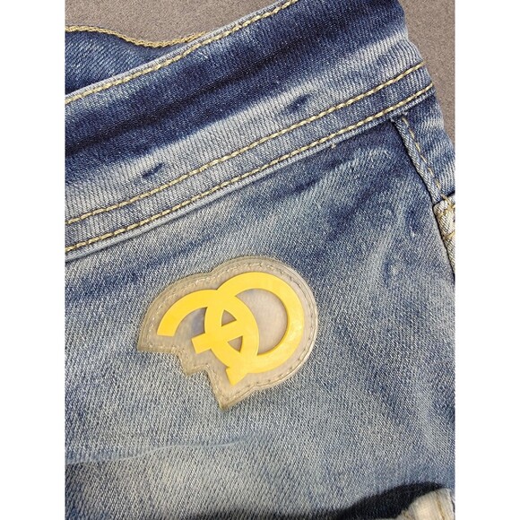 Frost Origin Shorts Mens 38 Blue Distressed Ripped Denim Yellow Patch Streetwear - Picture 6 of 15